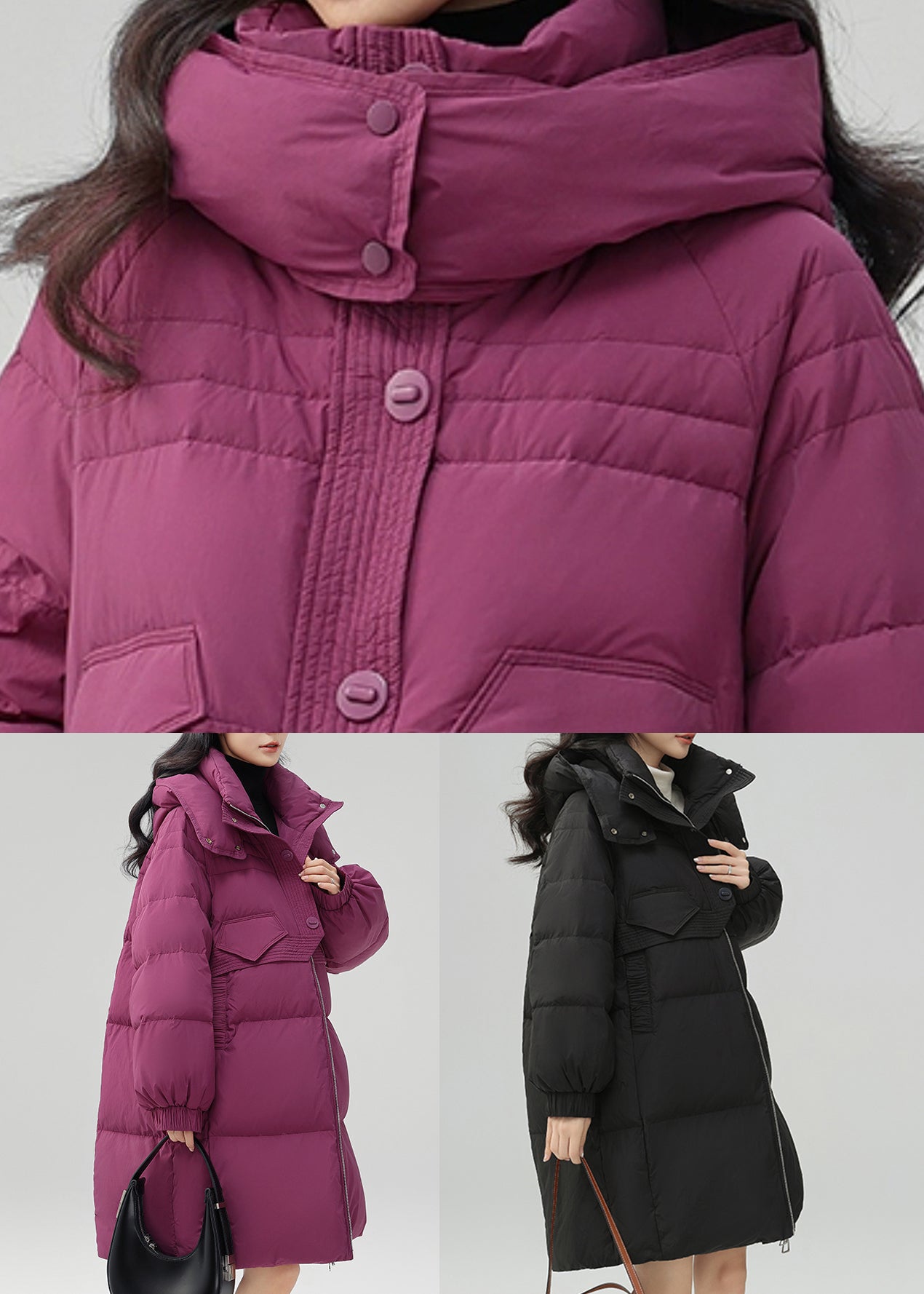 Black Zippered Pockets Patchwork Duck Down Coat Winter