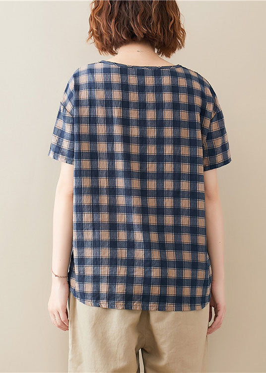 Blue O Neck Plaid Cotton T Shirt Top Short Sleeve
