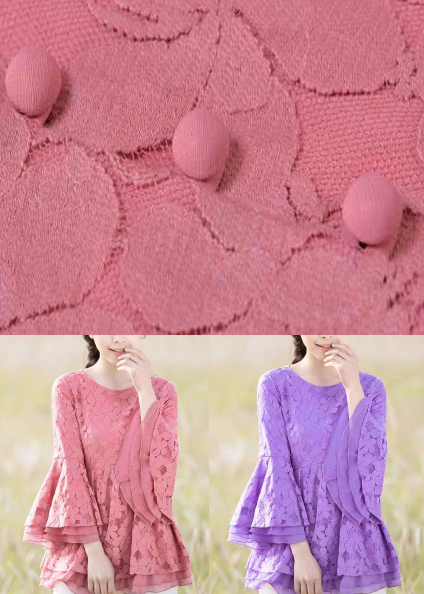 Purple O Neck Lace Ruffled Top Bracelet Sleeve