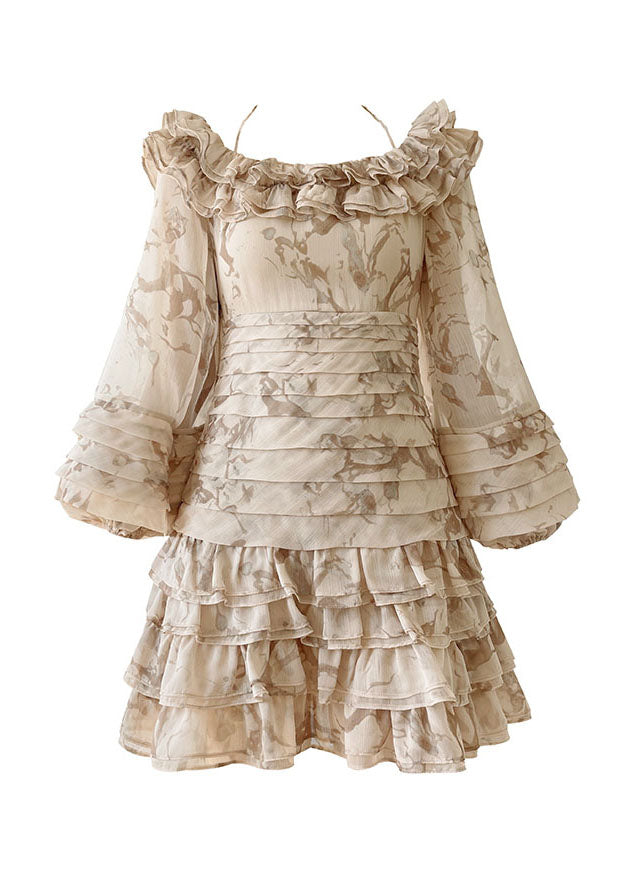 Boutique Beige Slash Neck Ruffles Chiffon Maxi Spaghetti Strap Dresses Puff Sleeve