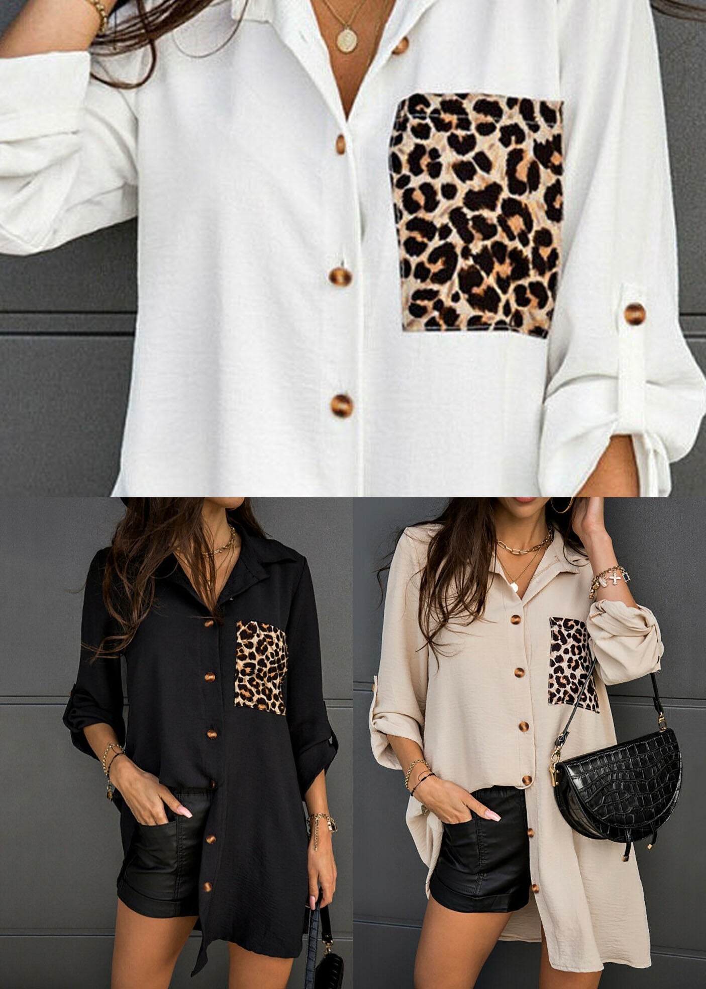 Khaki Patchwork Leopard Print Cotton Shirt Draping Long Sleeve