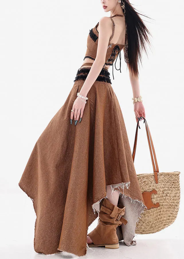 French Coffee Lace Tank and Skirts Denim Two Pieces Set Sleeveless