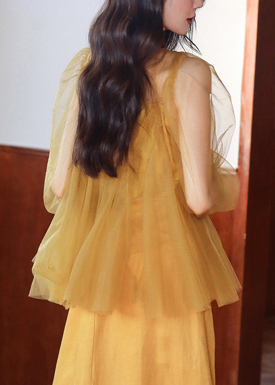 Art Yellow Tank and Tops Tulle Two Pieces Set Butterfly Sleeve