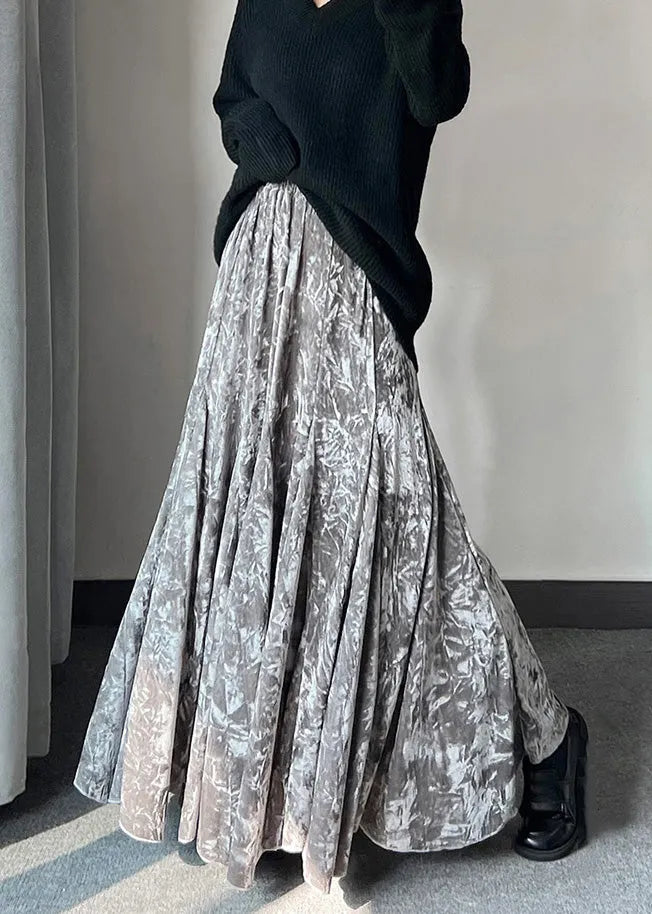 French Grey Print Exra Large Hem Silk Velvet Skirts Spring