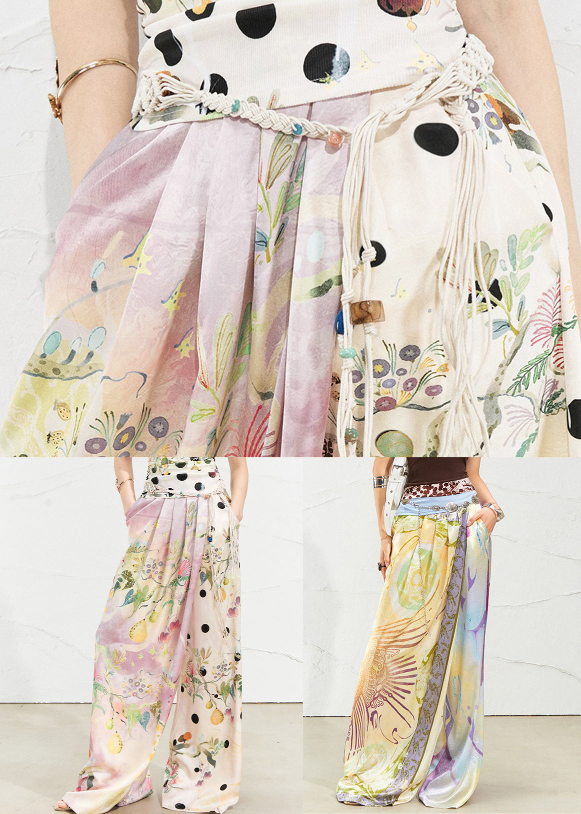 Pink Asymmetrical Print Silk Wide Leg Pants Summer