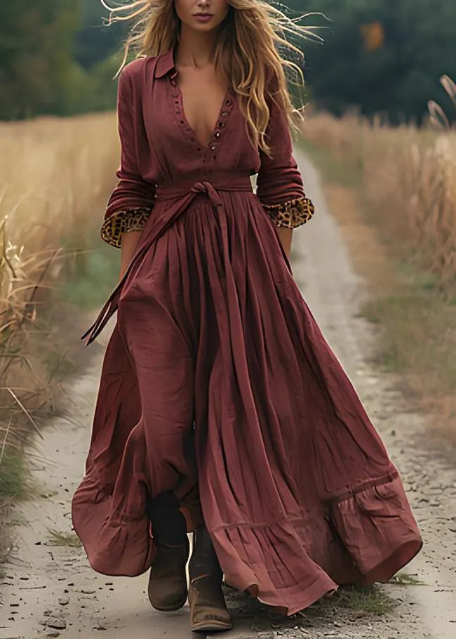 Brick Red Wrinkled Patchwork Cotton Robe Dresses Spring