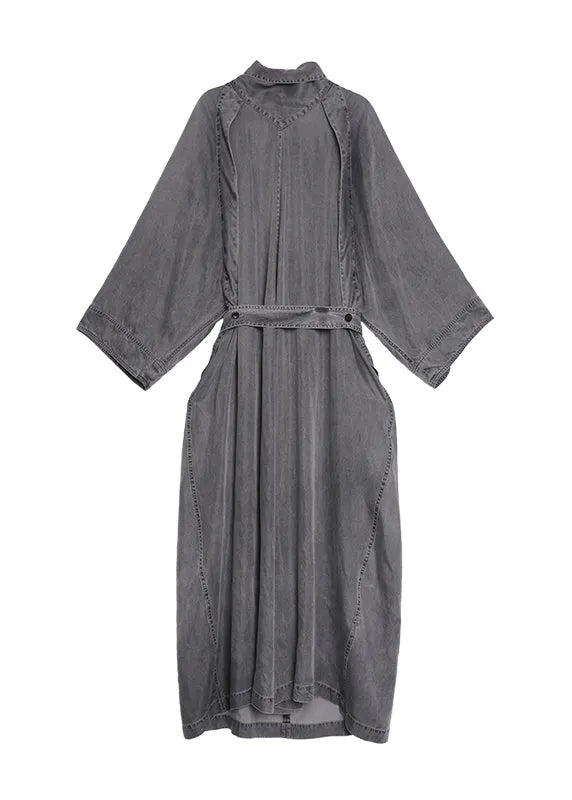 Grey Turtle Neck Pockets Lace Up Denim Long Dresses Fall