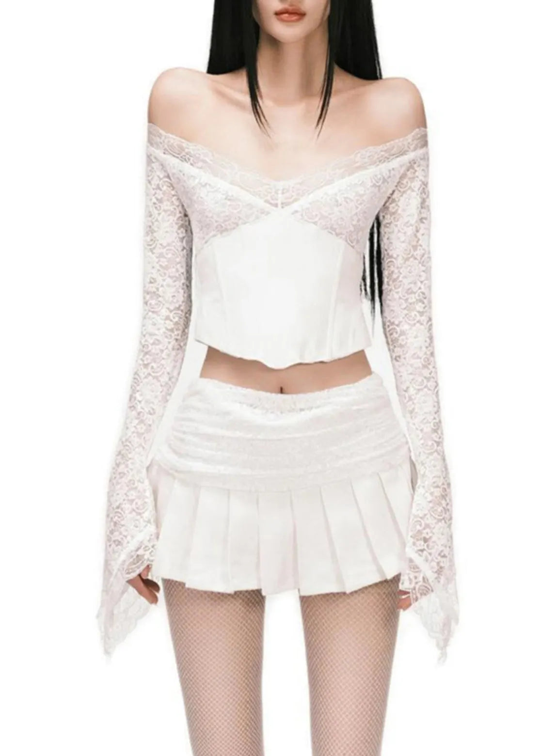 White Slash Neck Tops and Skirts Patchwork Lace Two Pieces Set Spring