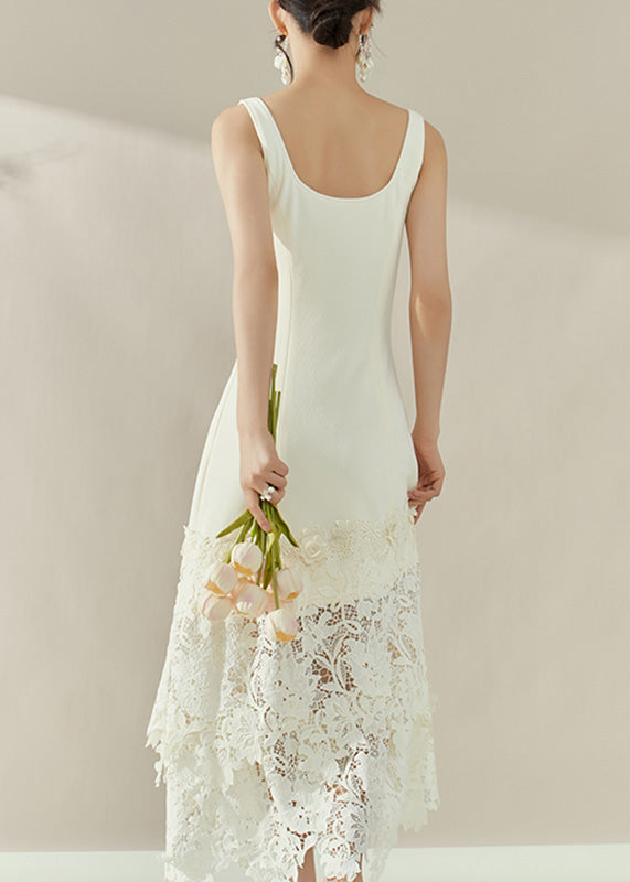 White O-neck Lace Patchwork Maxi Spaghetti Strap Dresses Sleeveless