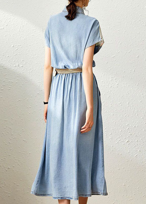 Denim Blue Peter Pan Collar Patchwork Print Cinched Dresses Summer