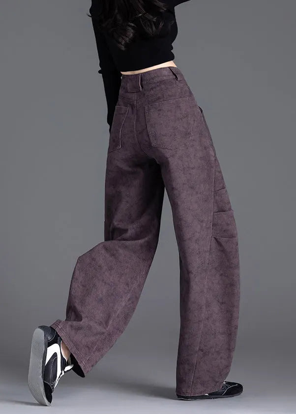 Purple Pockets Print Wrinkled Denim Pants Spring