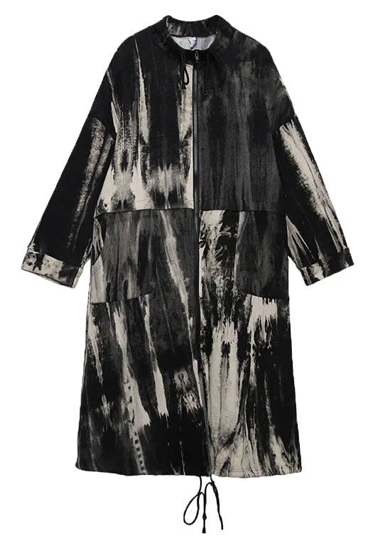 Retro Drawstring Print Pockets Fall Trench Coats