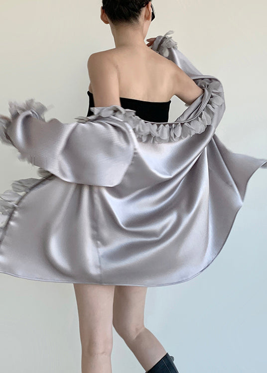 Grey Loose Cotton Blouses V Neck Petal Sleeve