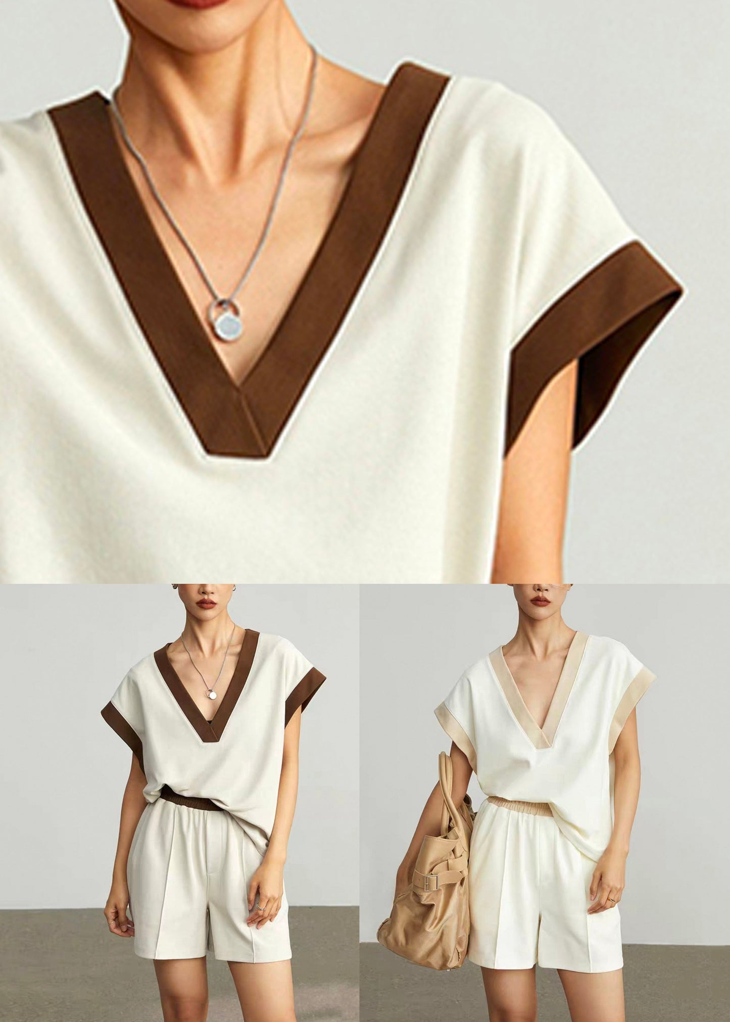 Coffee V Neck Elastic Waist Cotton Two Pieces Set Summer