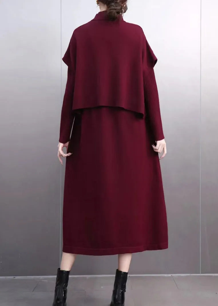 Simple Mulberry Turtleneck Patchwork Cotton Knit Sweaters and Maxi Skirts Two Pieces Set Winter