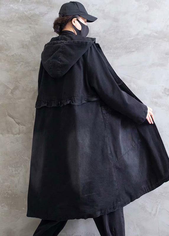 Overcoat Denim Black Hooded Ruffles Outwear