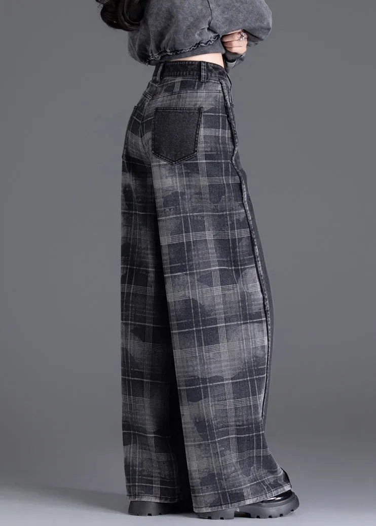 New Black Pockets Plaid Patchwork Warm Fleece Denim Pants Winter
