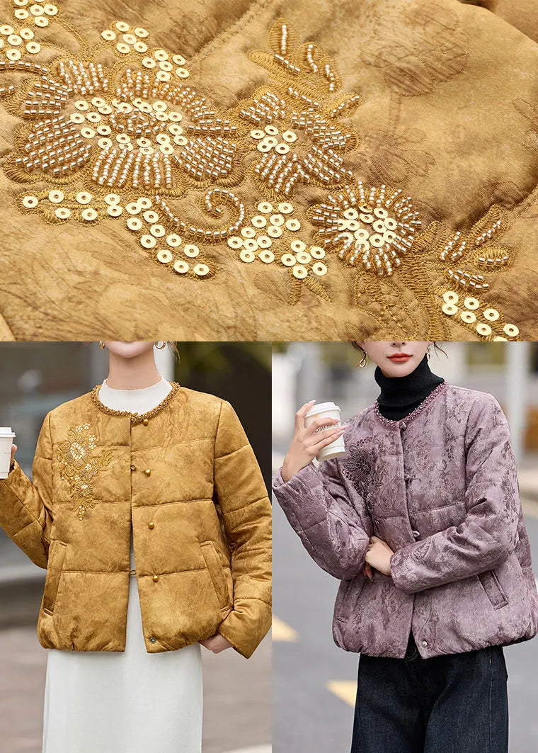 Style Yellow Sequins Embroidered Fine Cotton Filled Witner Coats