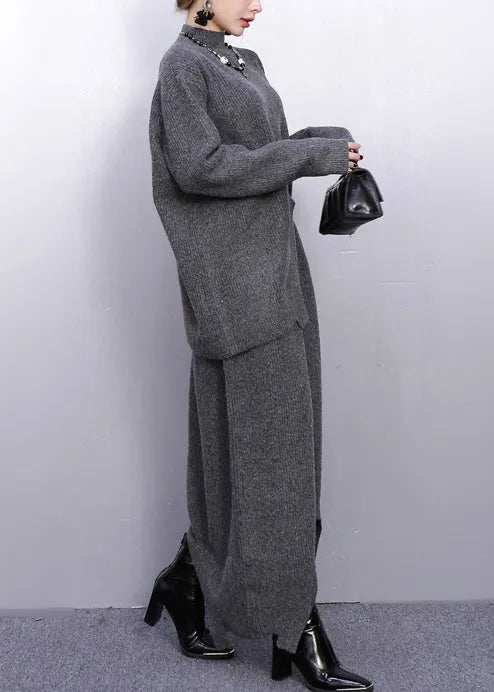 Grey High Neck Side Open Knit Two Pieces Set Winter
