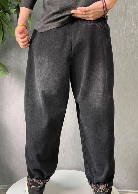 Black Embroideried Pockets Denim Pants Spring