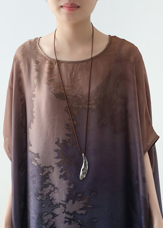 Blue Gradient Color O-neck Draping Print Silk Long Dresses Short Sleeve