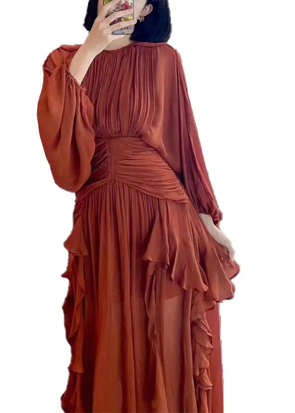 Slim Fit Red O-neck Wrinkled Party Chiffon Maxi Dress Spring