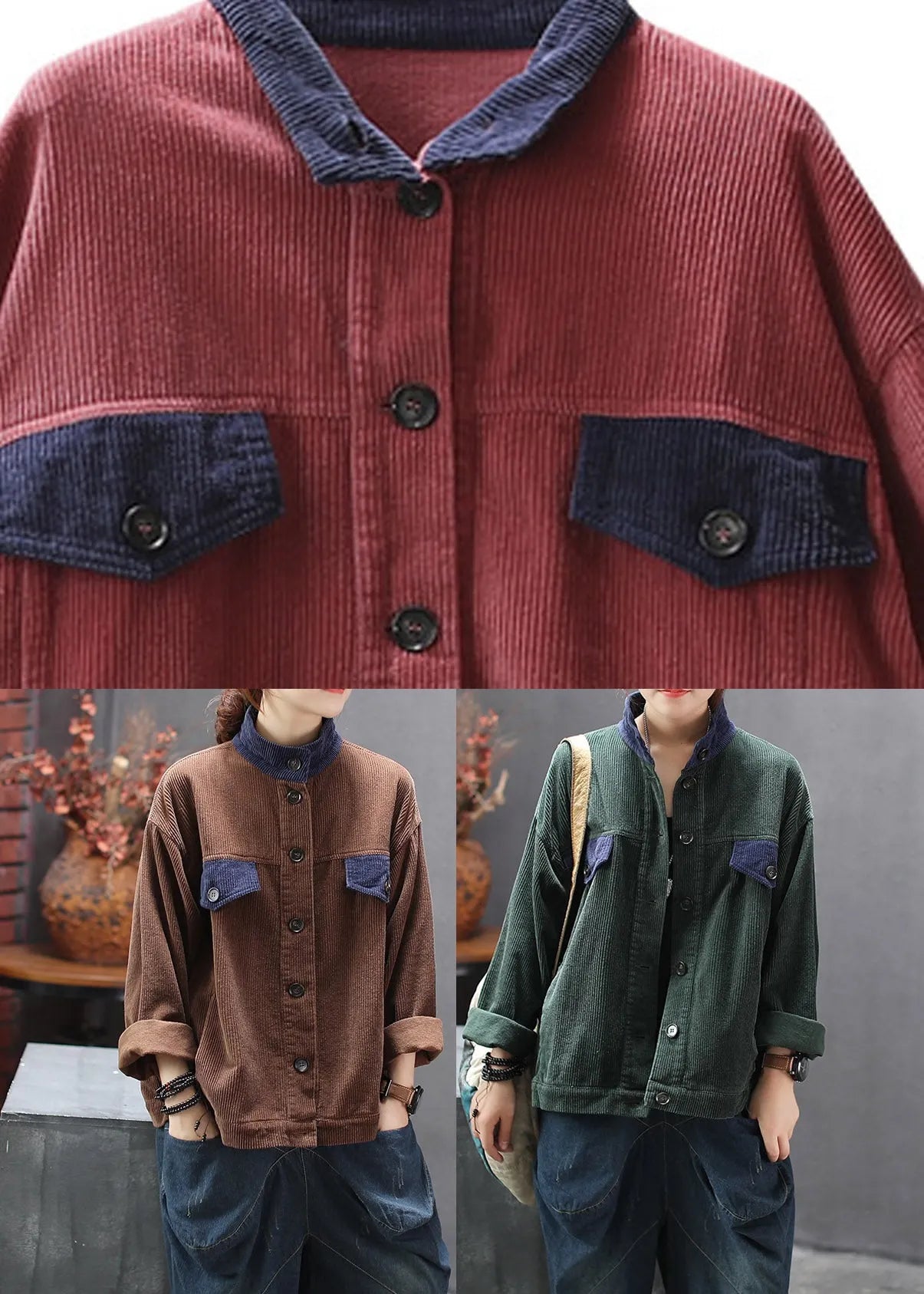 Green Stand Collar Button Corduroy Coats Spring