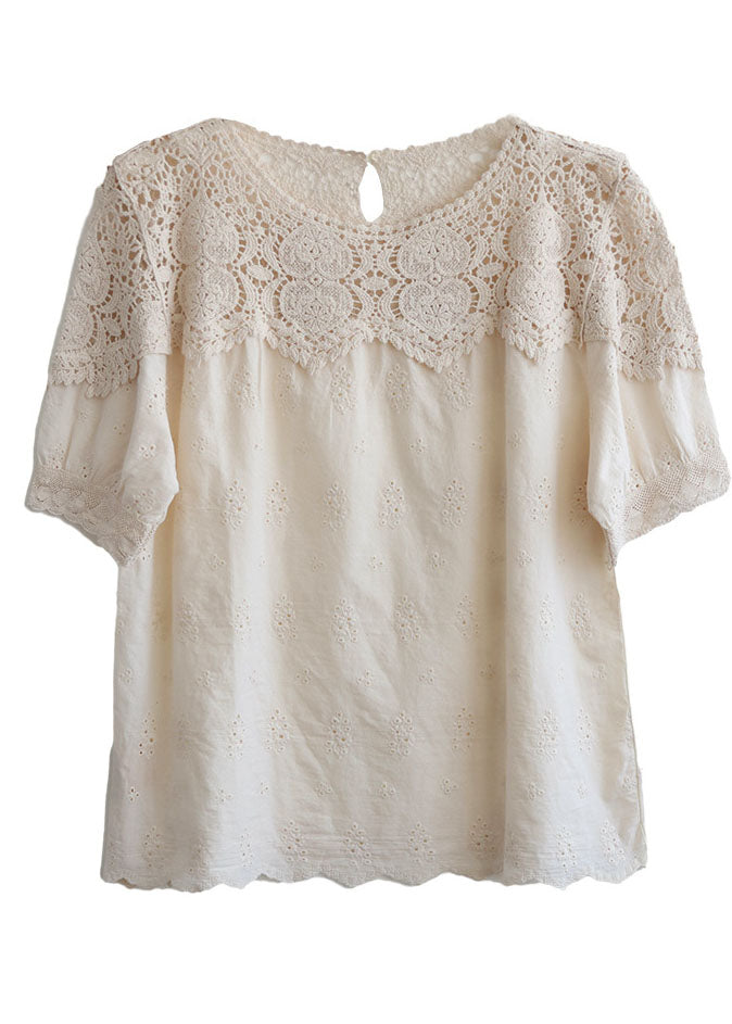Handmade Beige O-neck Patchwork Lace Cotton Tanks Summer