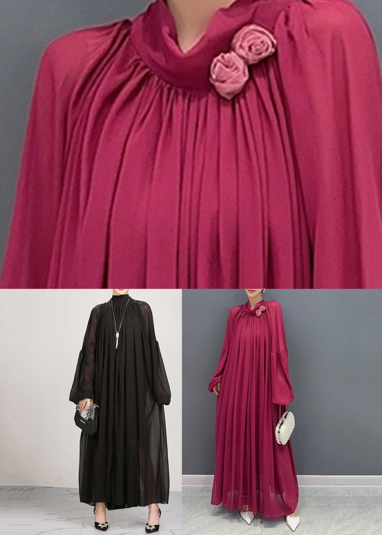 Black Turtleneck Chiffon Maxi Dresses Lantern Sleeve Fall
