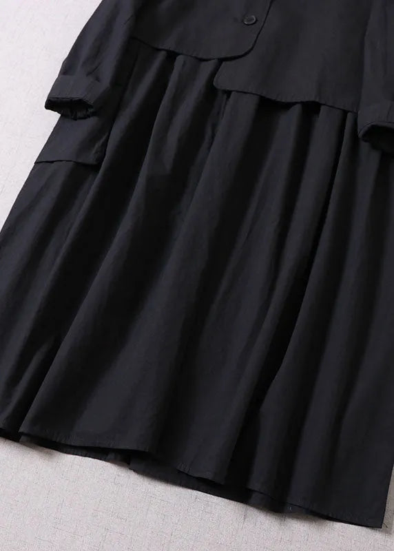 Loose Black Asymmetrical Pockets Cotton Two Pieces Set Dress + Vest Spring