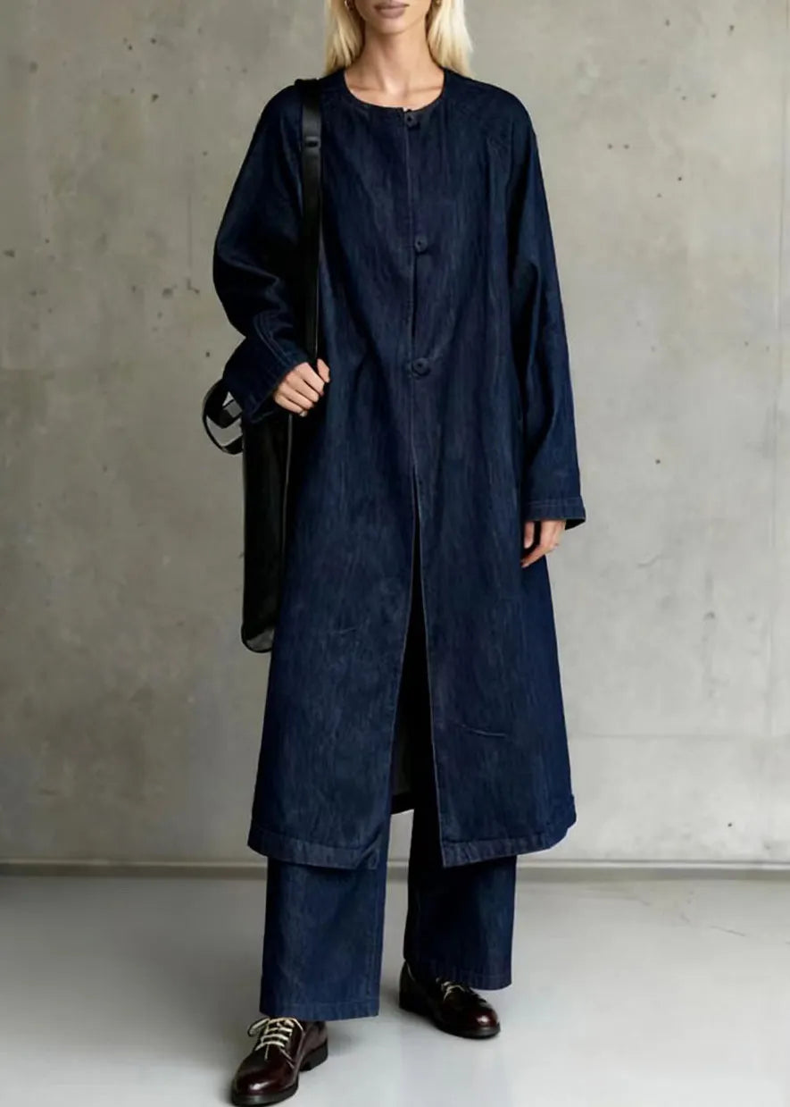 Navy Oversized Side Open Denim Two Piece Suit Set Spring