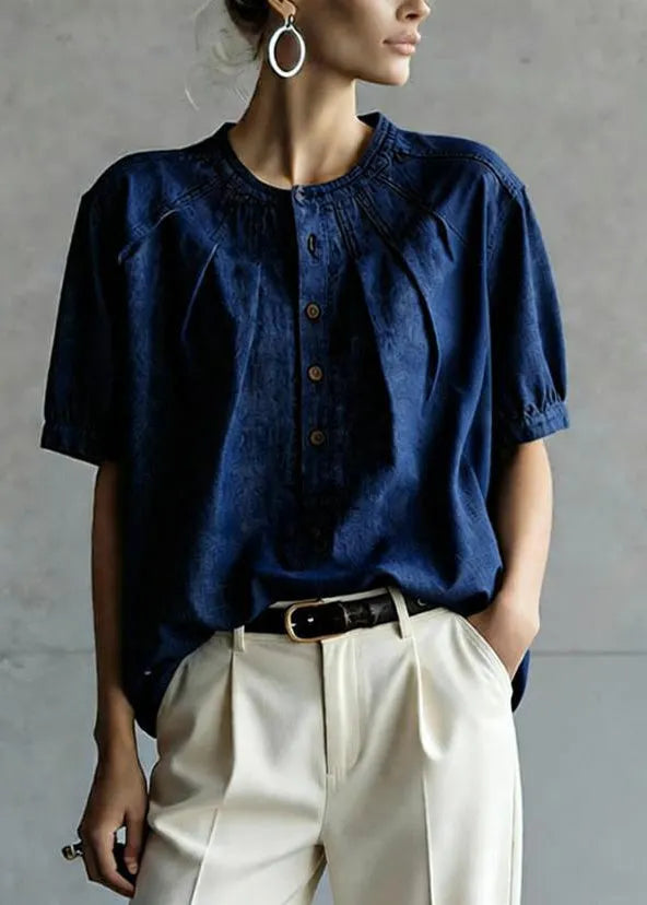 Navy O Neck Button Wrinkled Denim Top Summer