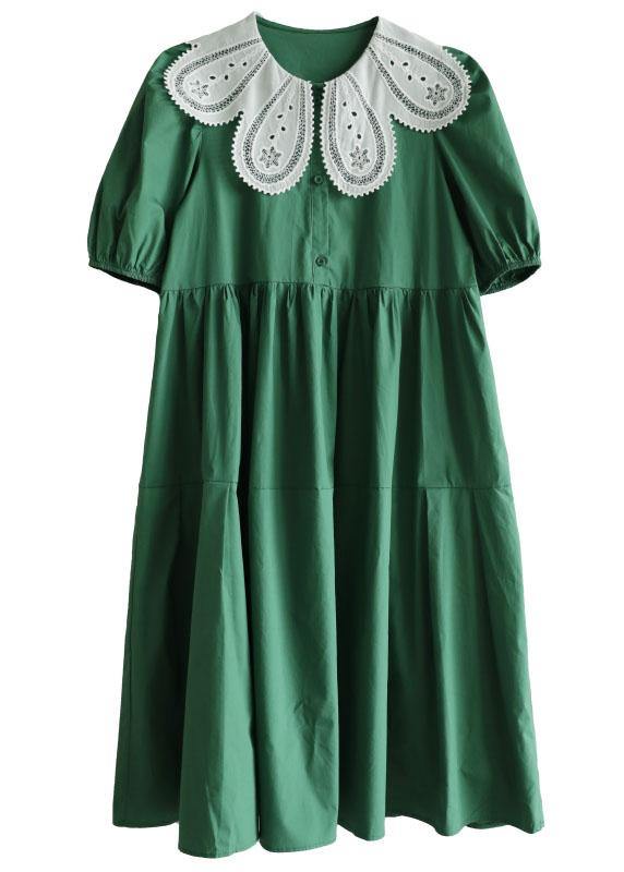 Art Tea Green Lantern Sleeve Button Summer Cotton Vacation Dresses
