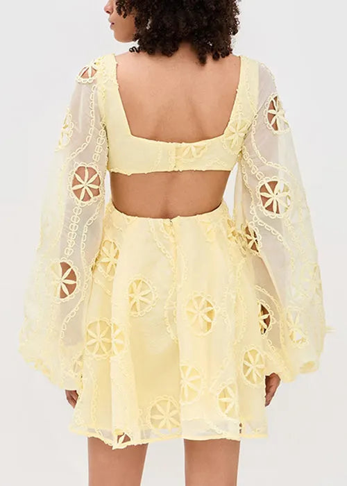 Stylish Yellow Embroidered Hollow Out Cotton Mini Dress Lantern Sleeve