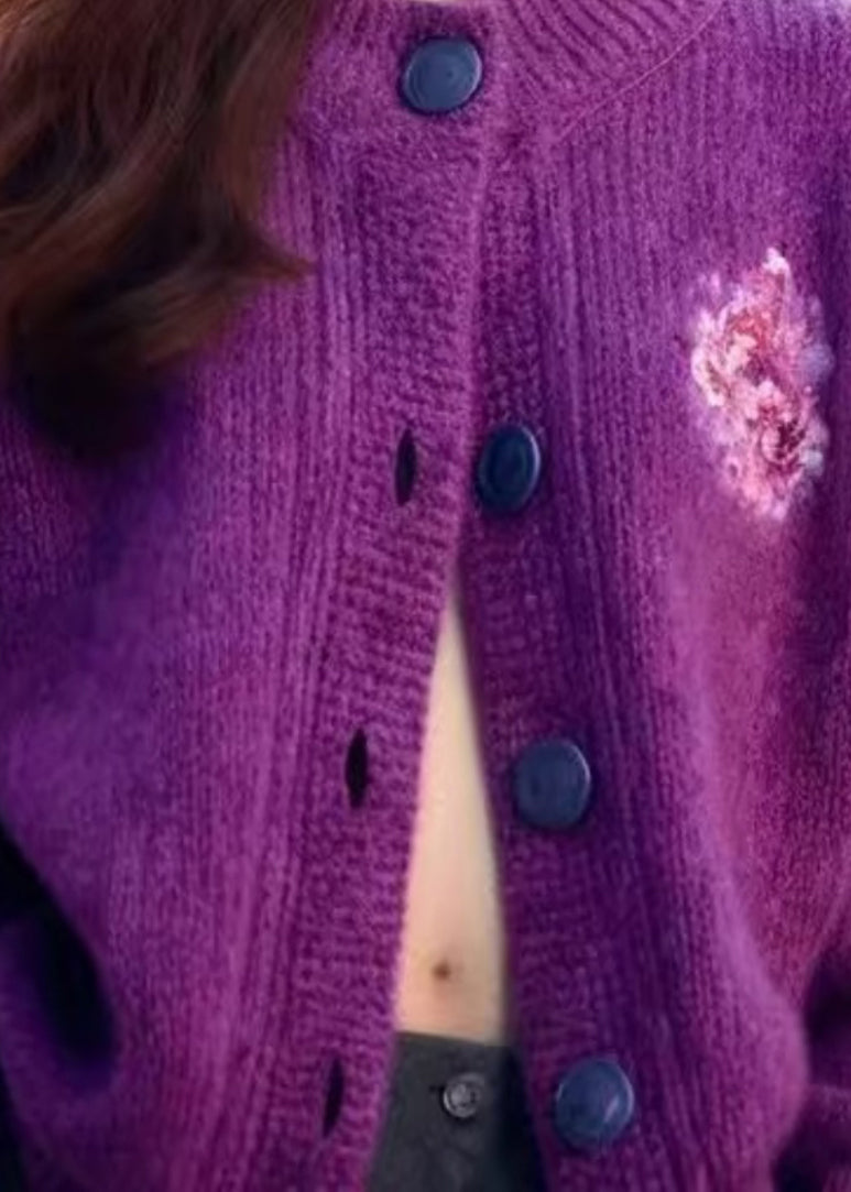 Purple O Neck Button Cozy Knit Cardigan Winter