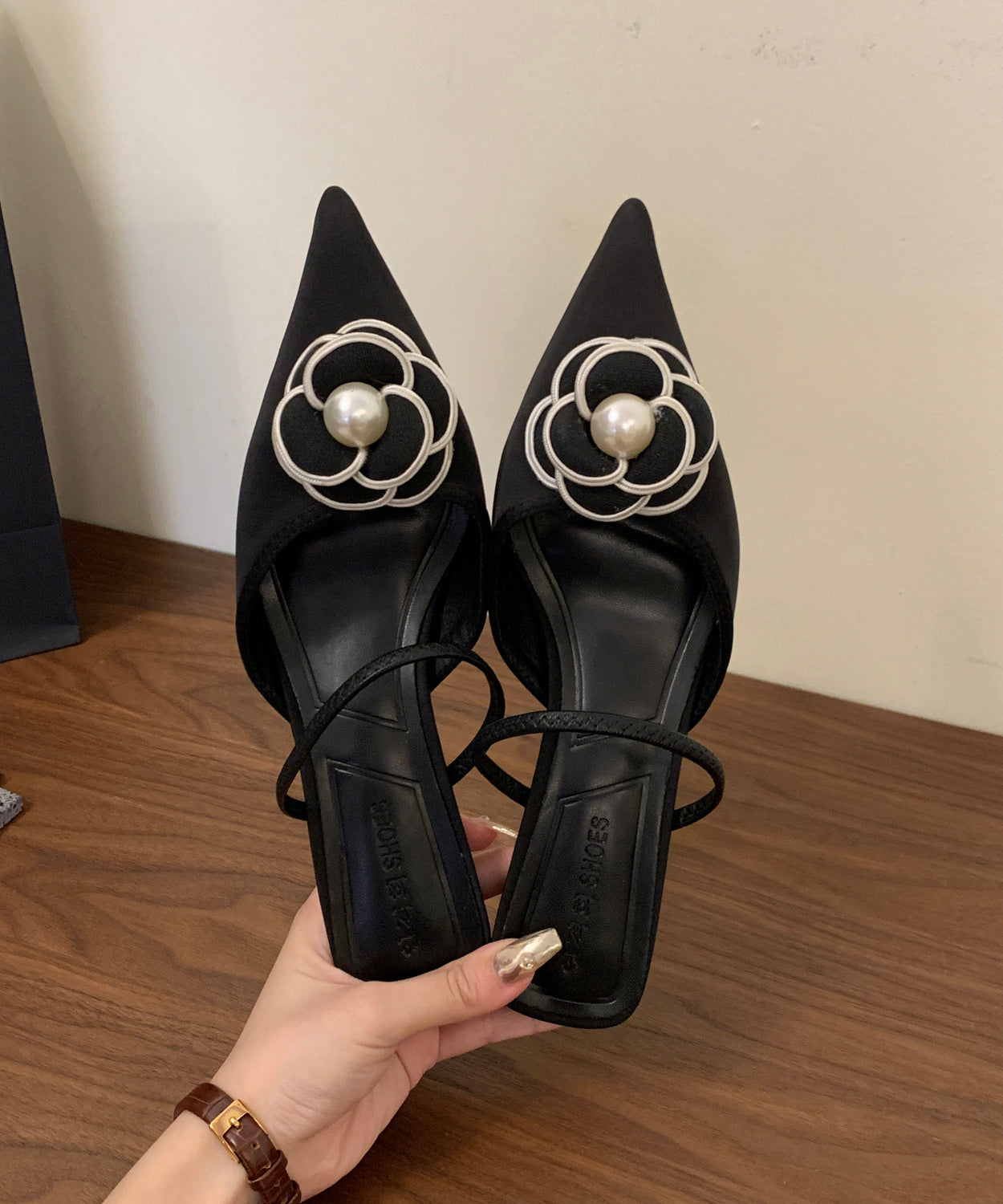 French Black Splicing Slide Sandals Pointed Toe