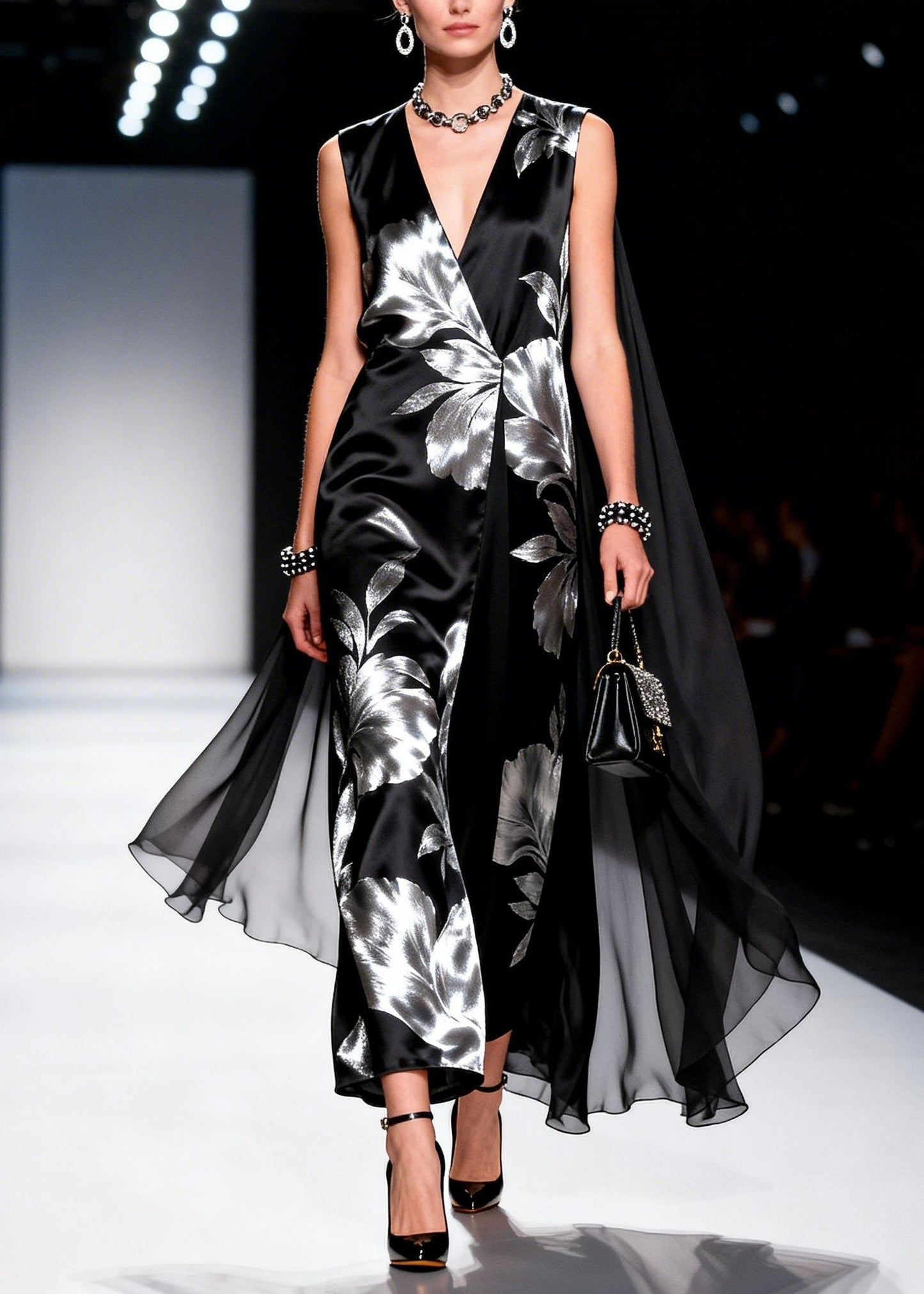 Black Jacquard Patchwork Shawl Silk Party Dress Summer