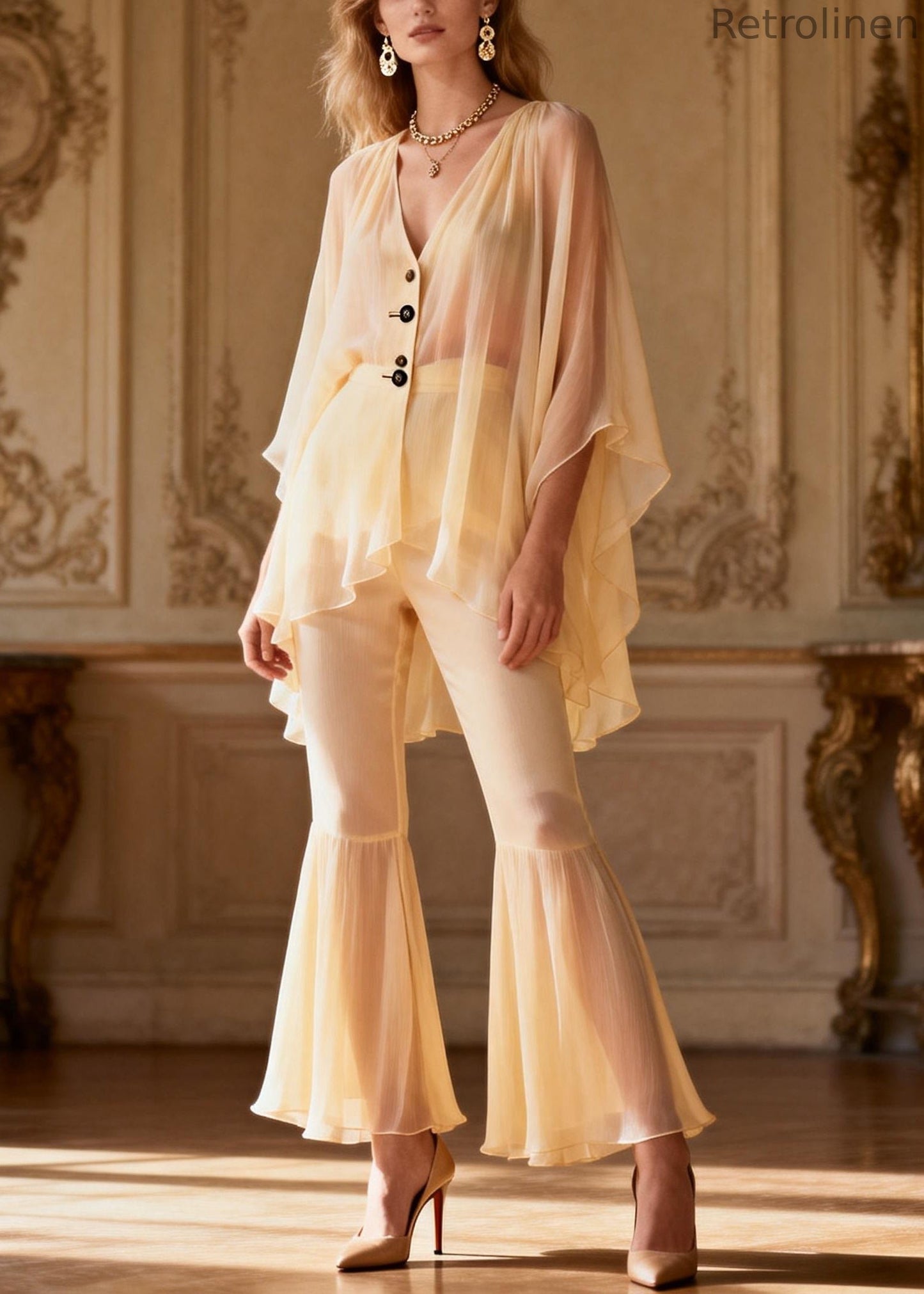 Yellow V Neck Button Patchwork Chiffon Shirts and Flared Trousers Two Pieces Set Spring