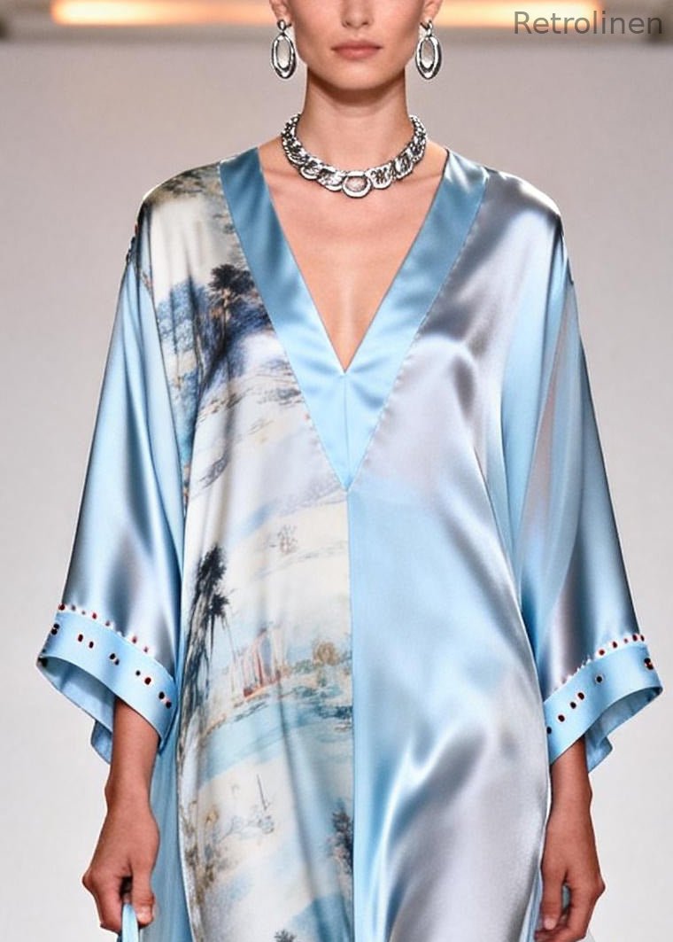 Light Blue Print Tulle Patchwork Rhinestone Dresses Summer
