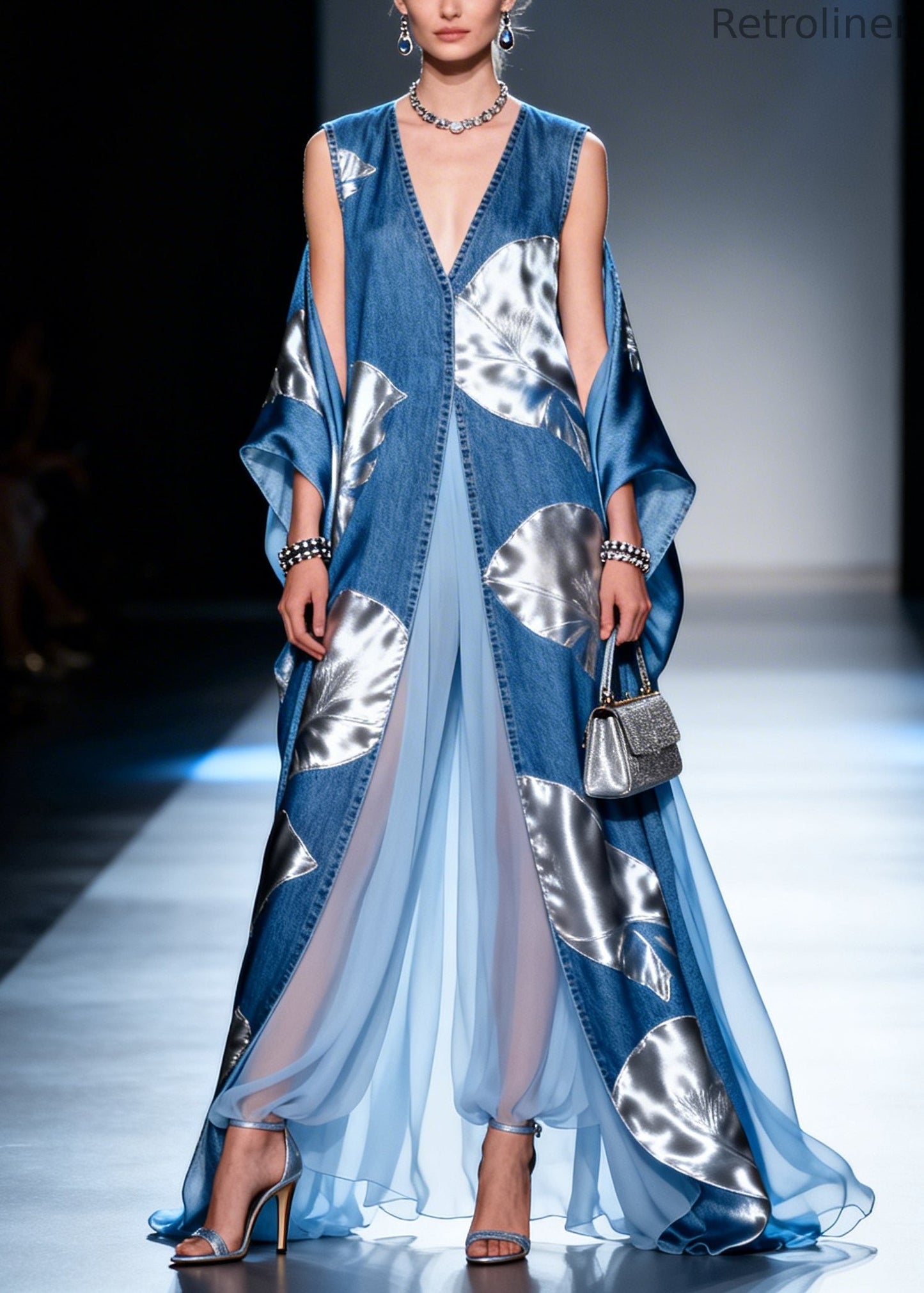 Blue Print Patchwork Exra Large Hem Denim a Line Dresses Summer