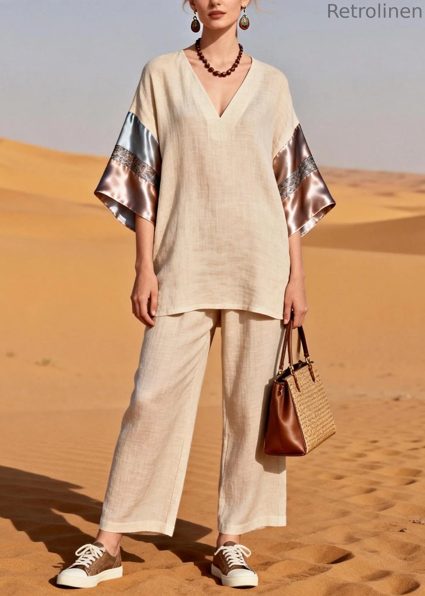 V Neck Patchwork Linen Silk Sets 2 Pieces Summer