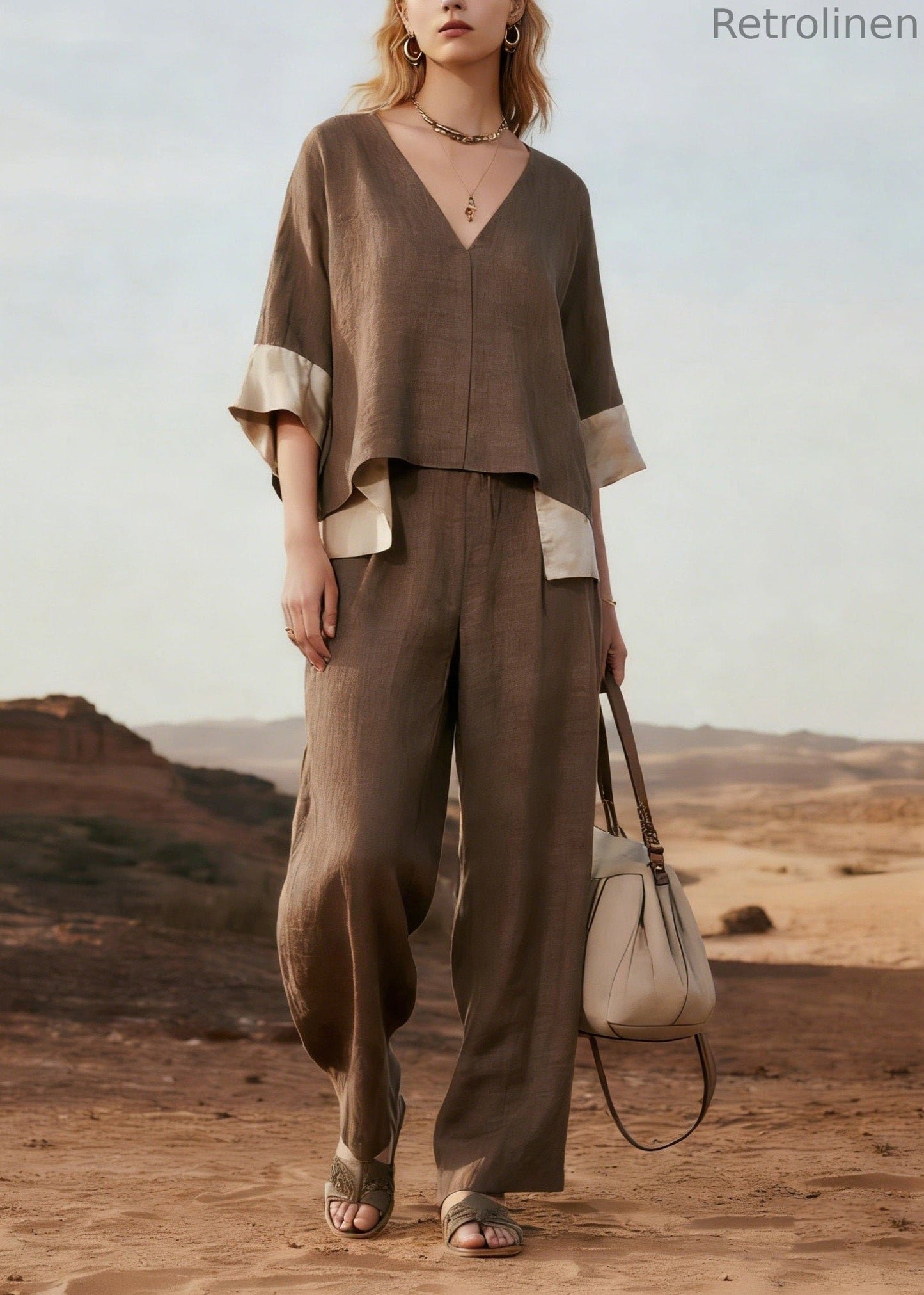 V Neck Patchwork Linen Two Pieces Set Summer