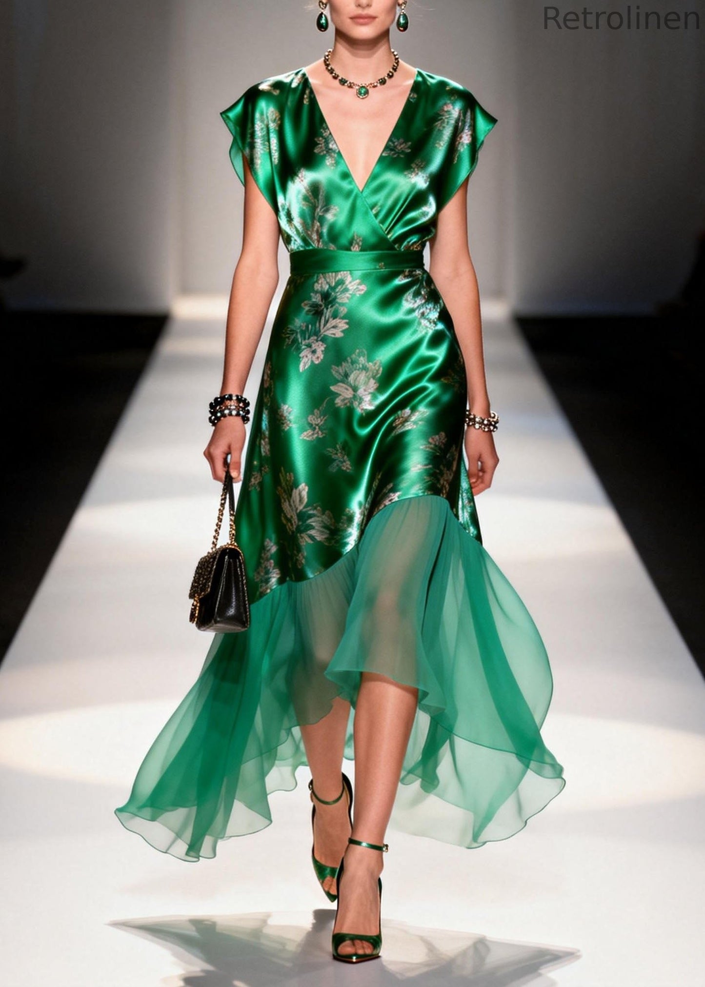 Organic Green V Neck Print Patchwork Silk Dresses Summer
