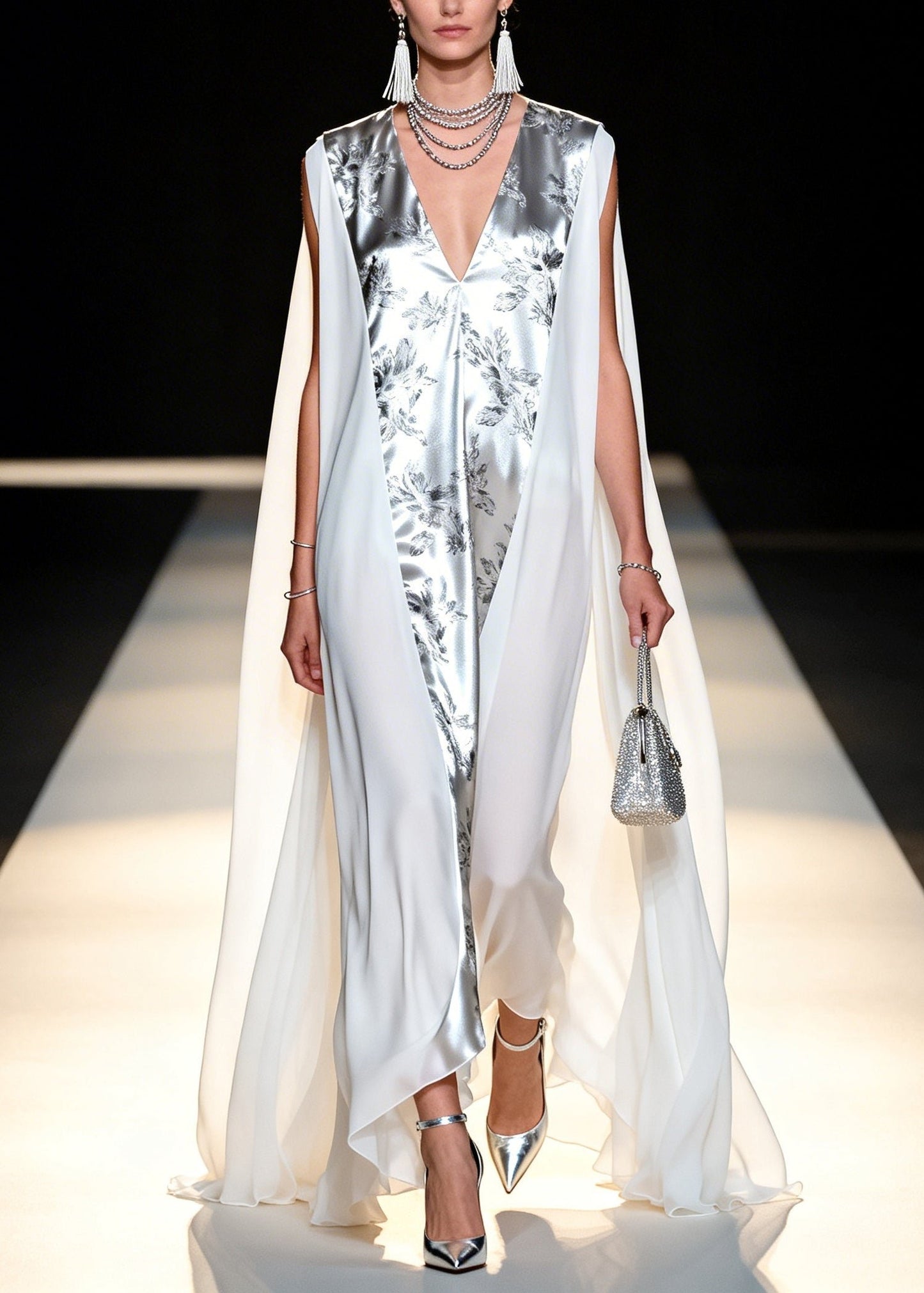 Italian White Oversized Patchwork Chiffon Maxi Dresses Sleeveless