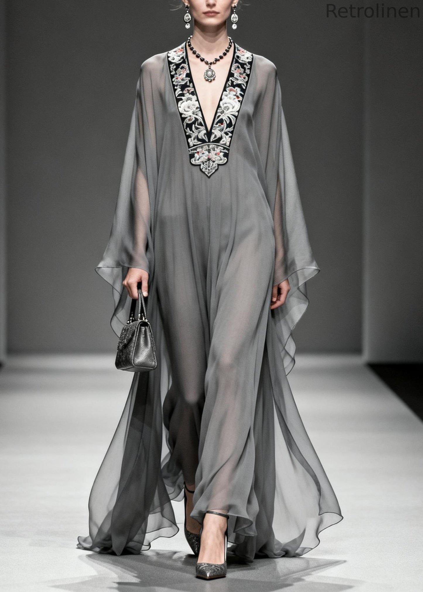 Grey V Neck Print Loose Chiffon Long Dress Spring