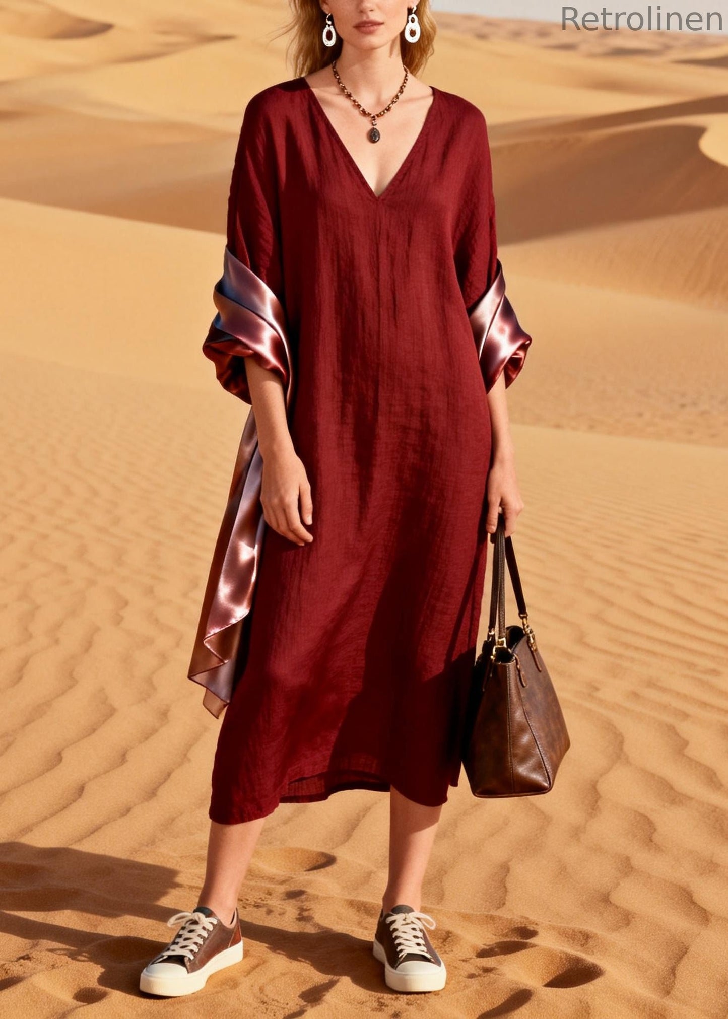 Mulberry V Neck Patchwork Cotton Maxi Dresses Summer