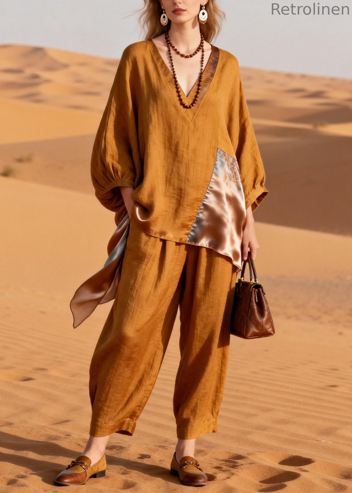 Caramel Pockets Silk Patchwork Tops and Crop Pants Linen Two-piece Set V Neck Spring