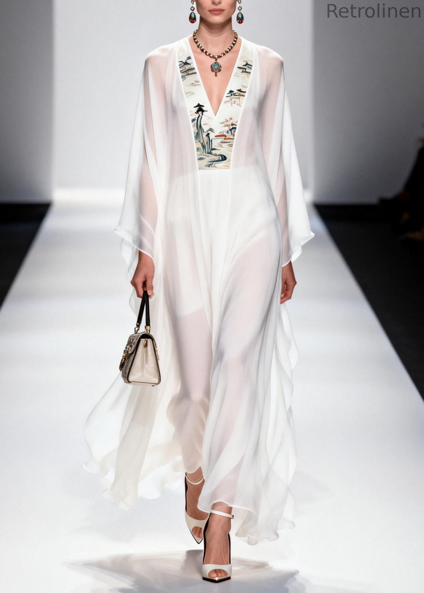 White V Neck Patchwork Chiffon Long Dresses Spring
