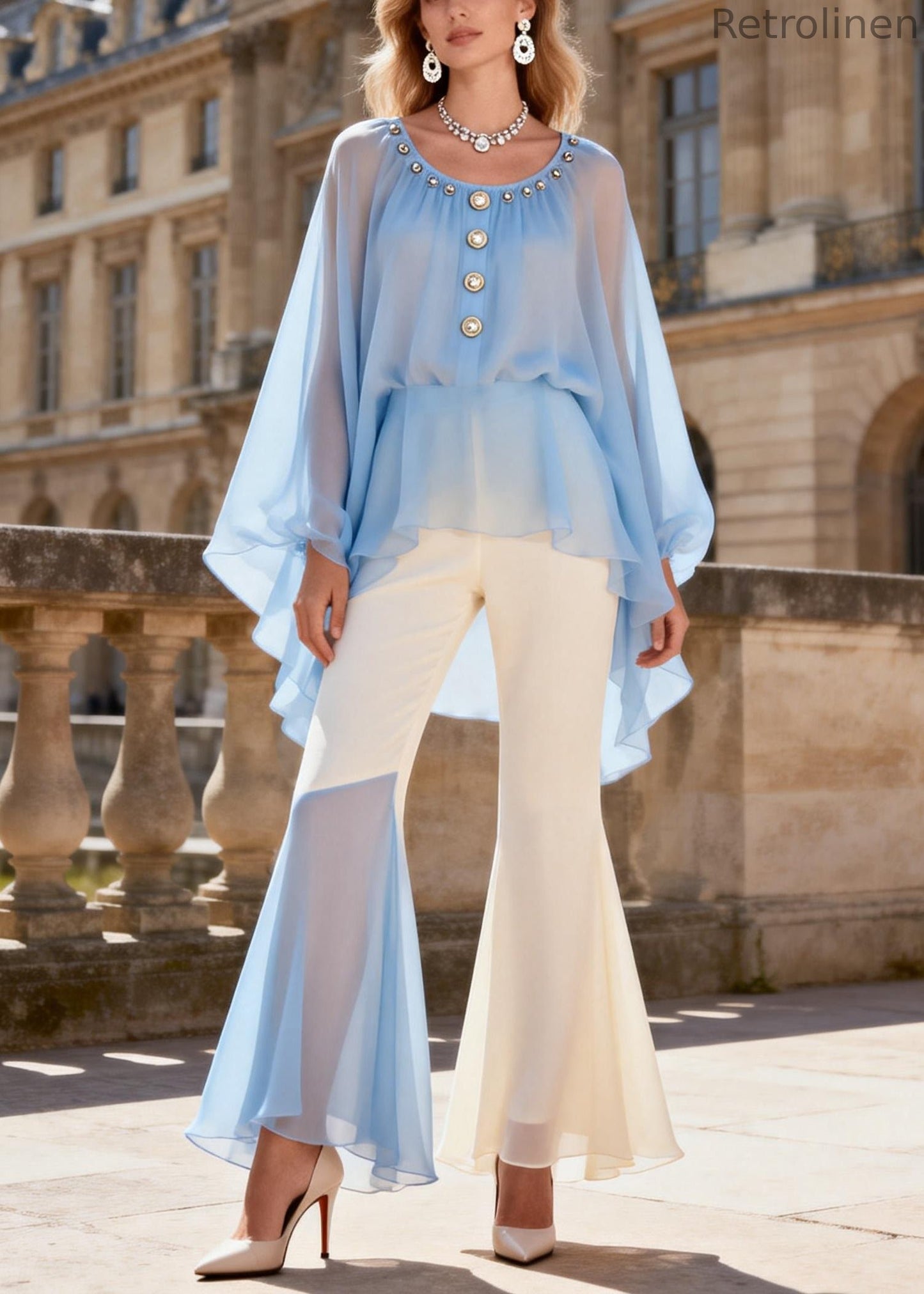 Blue O-neck Nail Bead Chiffon Shirts and Flared Trousers Two Pieces Set Lantern Sleeve