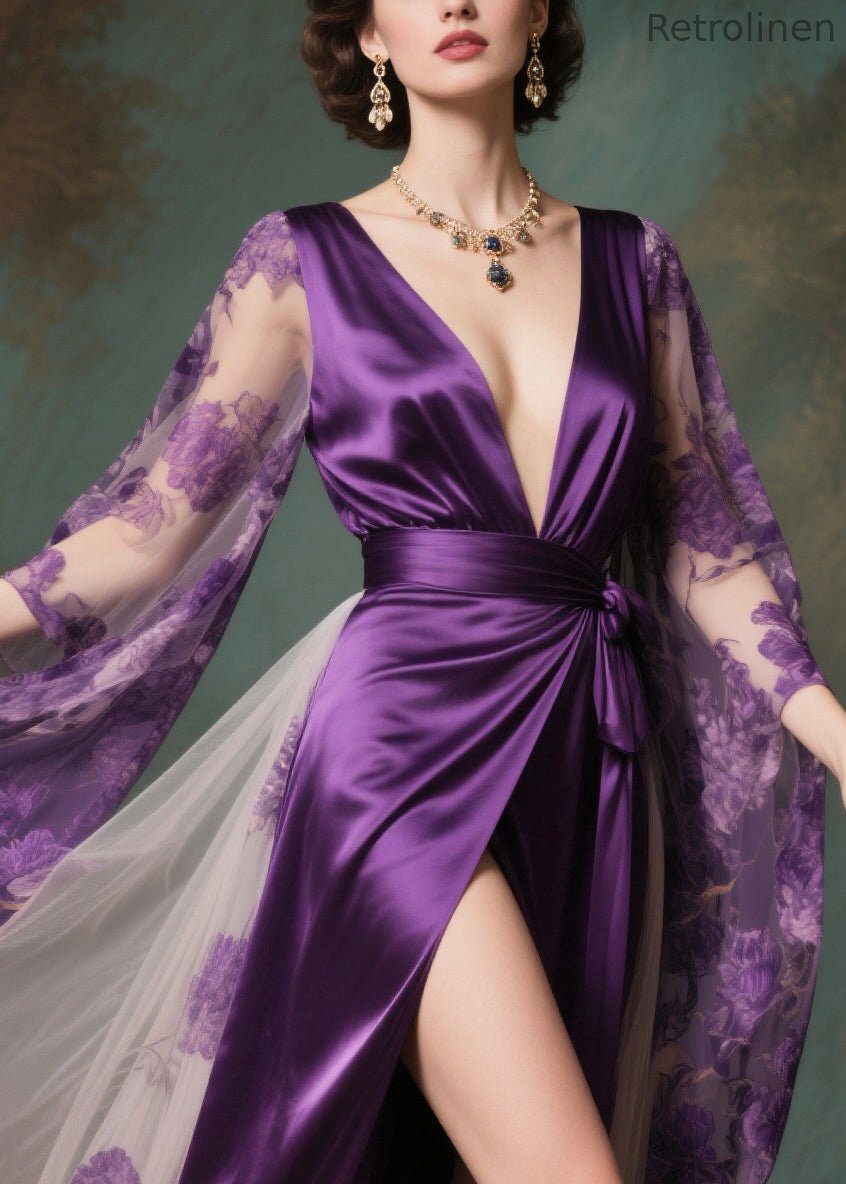 French Purple Exra Large Hem Patchwork Side Open Chiffon Evening Dress Summer